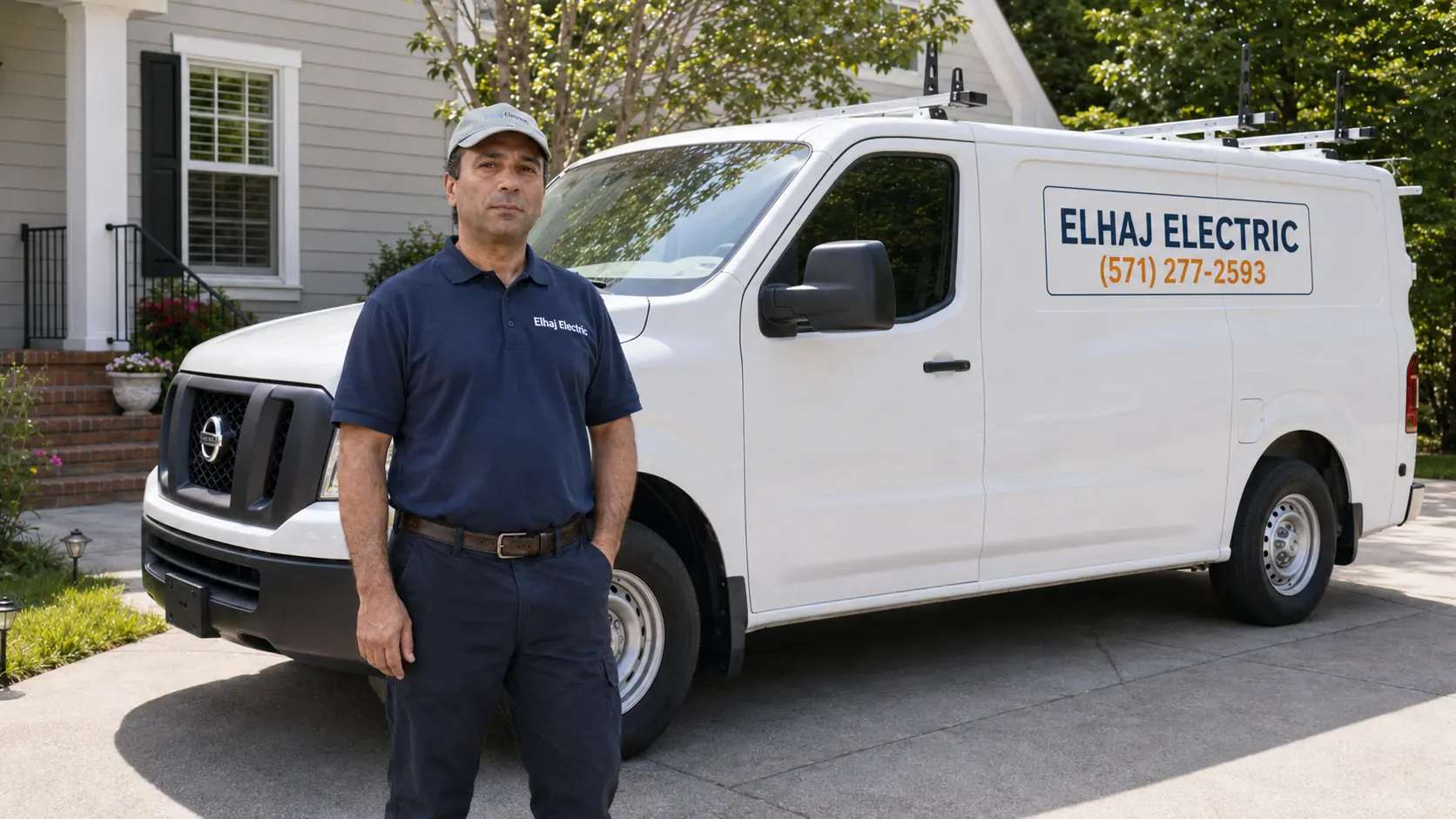 Nader Elhaj, owner of Elhaj Electric, beside the company service van